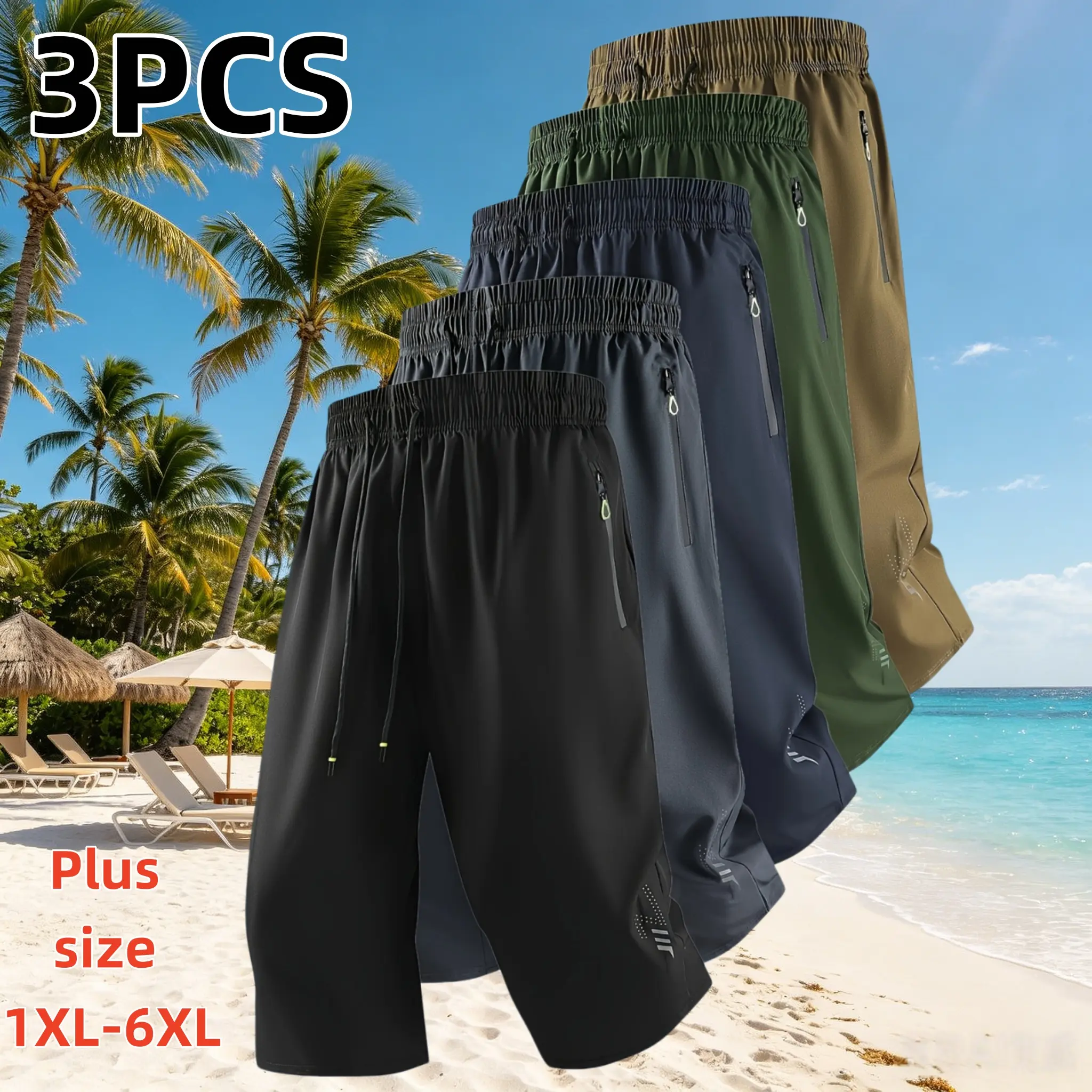 Men's 3-PCS Plus Size Swim Trunks, 1XL-6XL Large Model Men's Shorts, Elastic Waist, Zip Pockets, Quick Dry, Breathable, Lightweight for Summer Vacation, Men's Swim Trunks Swimwear Shorts Lightweight Beach Trunks