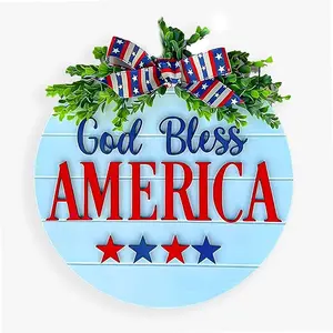 4th of July Patriotic Door Sign Hanger Decorations - Rustic Independence Day God Bless America Welcome Wood Wreath for Front Door Farmhouse Porch Wall