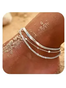 Silver Ankle Bracelets for Women,Dainty Layered Waterproof Anklet for Women Adjustable Sparkly Herringbone Beaded Rope Chain Set Stackable Cute Summer Beach Jewelry Gift