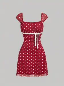 Women's Bow Tie Ruched Mesh Dress, Polka Dot Mini Dress, Summer Party Dress
