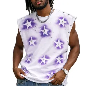 Men's Star Print Tank Top with Rhinestone Accents - White & Purple Tie-Dye Sleeveless Shirt for Casual Wear