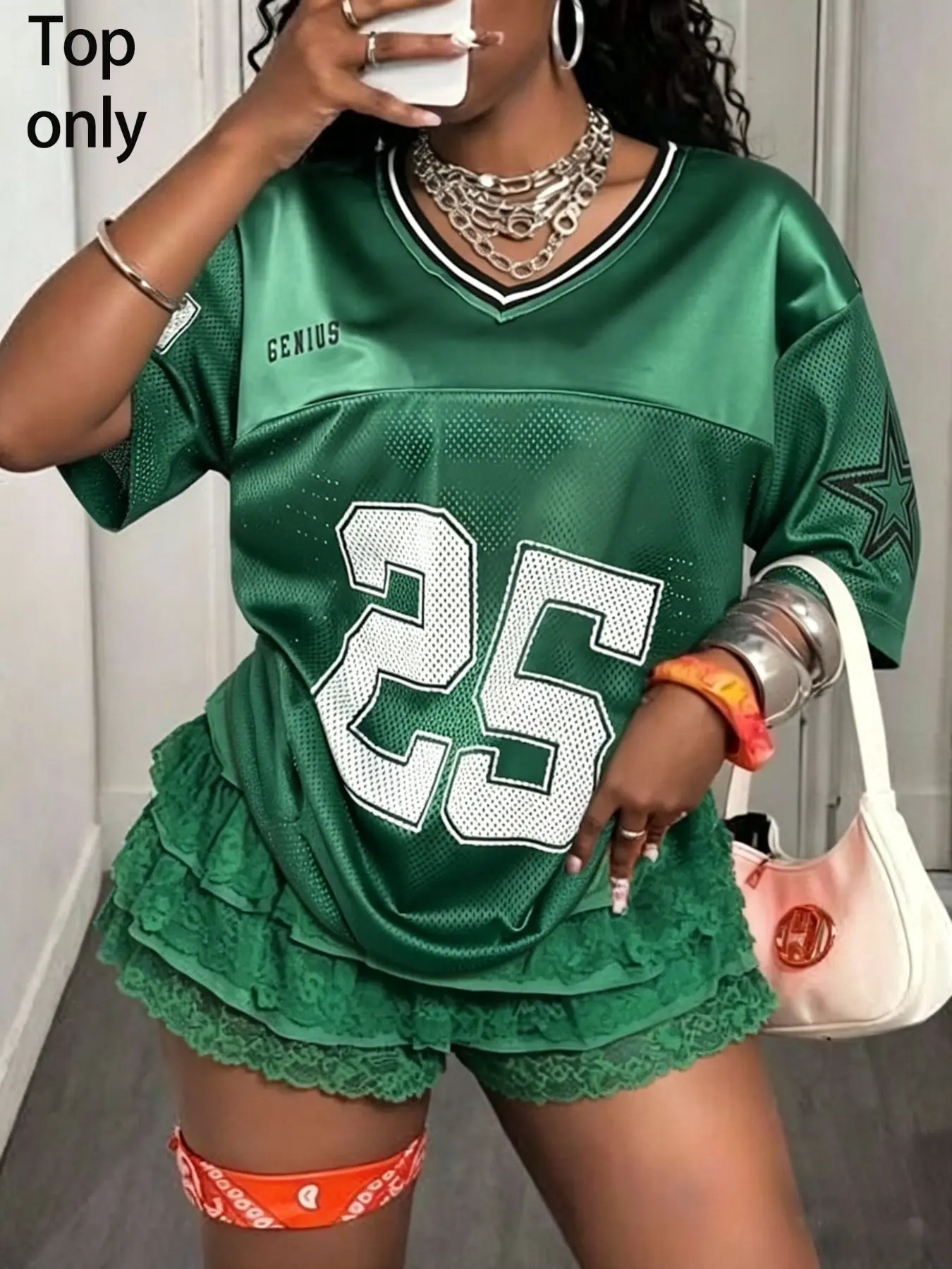 Women's Green #25 Printed Oversized Rugby Jersey — Y2K Mesh V-Neck Athletic Tee — Trendy, Edgy Streetwear — Ideal for Summer and Nighttime Styling