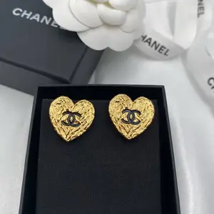 Pre-owned Chanel Antique Gold Heart Shaped CC Black Logo Stud Earrings 1115GIA0023