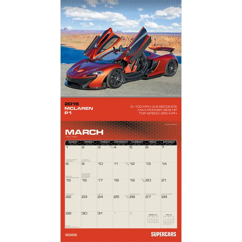 Supercars | 2026 12 x 24 Inch (Hanging) Monthly Square Wall Calendar | Foil Stamped Cover | Plato | Automobiles Luxury Prestige Hypercars 2