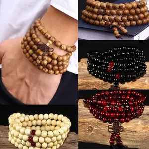 Natural Sandalwood Bracelet Men Buddhist Buddha Meditation Bead Bracelet For Women Prayer 108 Beads Rosary Hanging Decoration