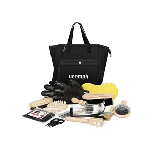 Horse Grooming Kit 12-Piece Includes Brushes Storage Bag Sweat Scraper Mane Comb Grooming Gloves Black Horse Gift for Girls