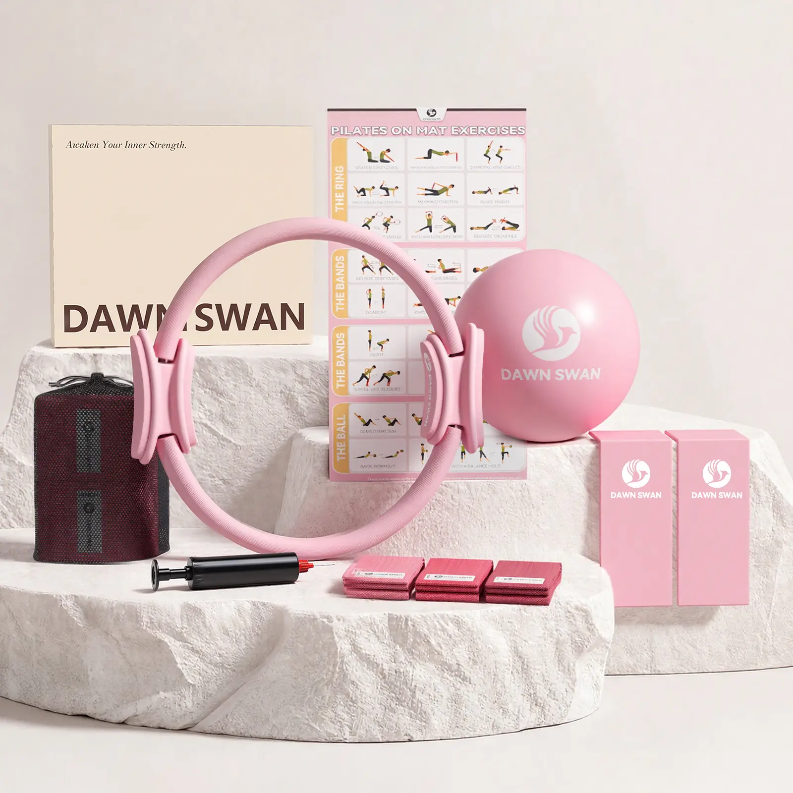 DAWN SWAN Unisex 3-Piece Professional Pilates Kit for Home Workouts - 15" Heavy-Duty Ring, TPE Inflatable Exercise Ball, Fabric Resistance Band for Core Muscle Strengthening, 3-Piece Set, Inflatable Exercise Ball Fitness Circles, Abdominal Exercise Aid Fi