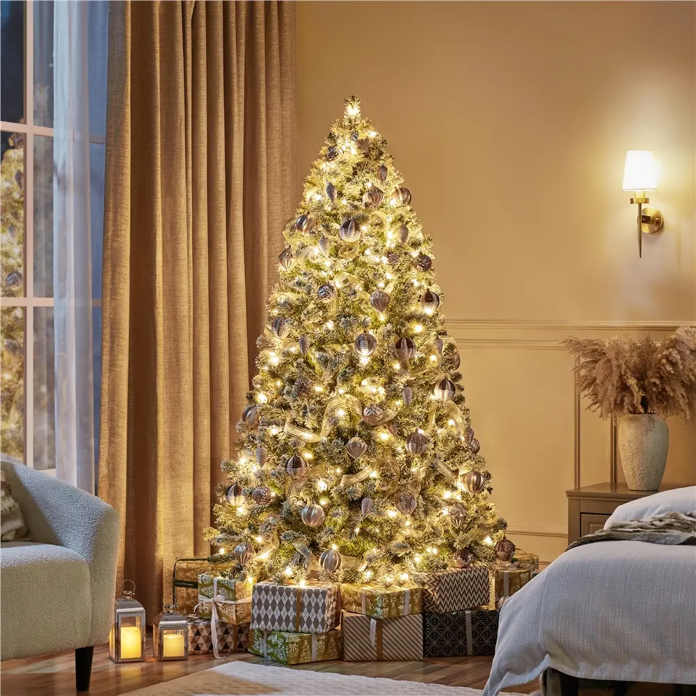 Yaheetech 6FT Pre-lit Artificial Christmas Tree with Incandescent Warm Lights, Snow Flocked Full Prelighted Xmas Tree with Foldable Stand