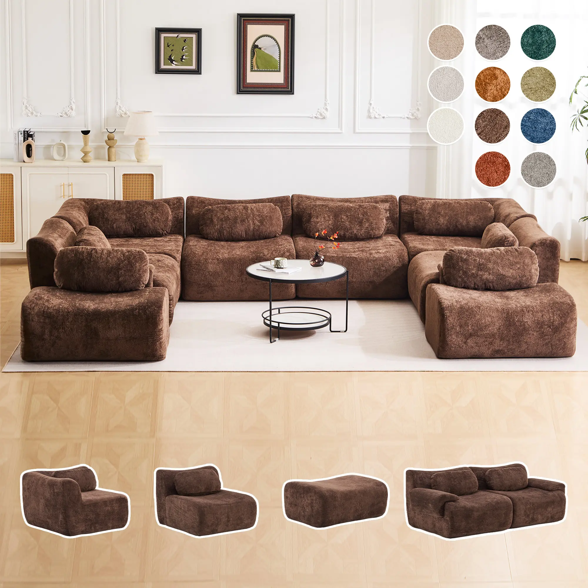 Luxe Wave-Shaped Modular Sectional Sofa, Premium Short-Pile Fabric Convertible Sofa Bed with Ottoman, Boneless Sleeper Couch, Multifunctional Modern Sofa for Living Rooms/Offices/Apartments/Party Venues