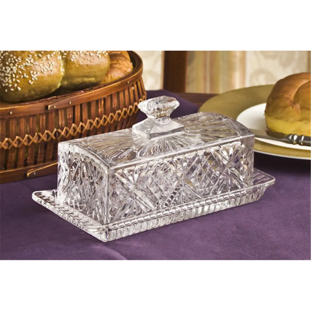 212 MAIN Godinger Dublin Irish Crystal Covered Butter Dish - Handmade Rectangular Dishware, Kitchenware Wedding Gift, Containers, Tea