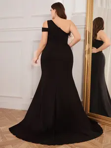 Elegant Plus Size Women's One Shoulder Waist Cinching Bodycon Dress, Solid Color Floor-Length Mermaid Evening Party Gown
