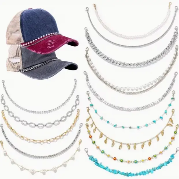 14pcs Elegant Baseball Hat Chains Set, Bulk Trucket Hat Charms Chains for Women Men, Bill Decoration DIY Turquoise/ Artificial/ Flower Chains Charms for Mesh Baseball Cap Trucker Hat, Great for Birthday Gifts, Party, Holiday gifts