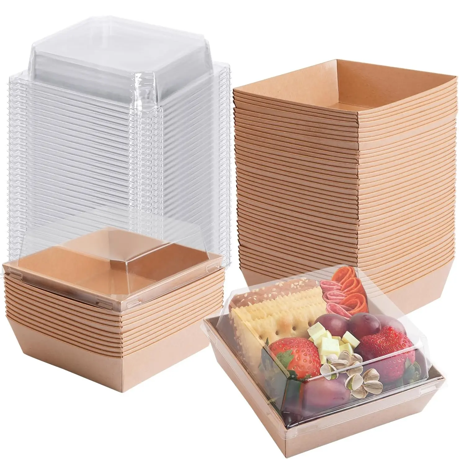 50 Sets Kraft Bakery Boxes with Clear Lids, Small Disposable Dessert Containers for Cookies, Cake Slices, Sandwiches, Charcuterie Snacks, Party Favors & Catering