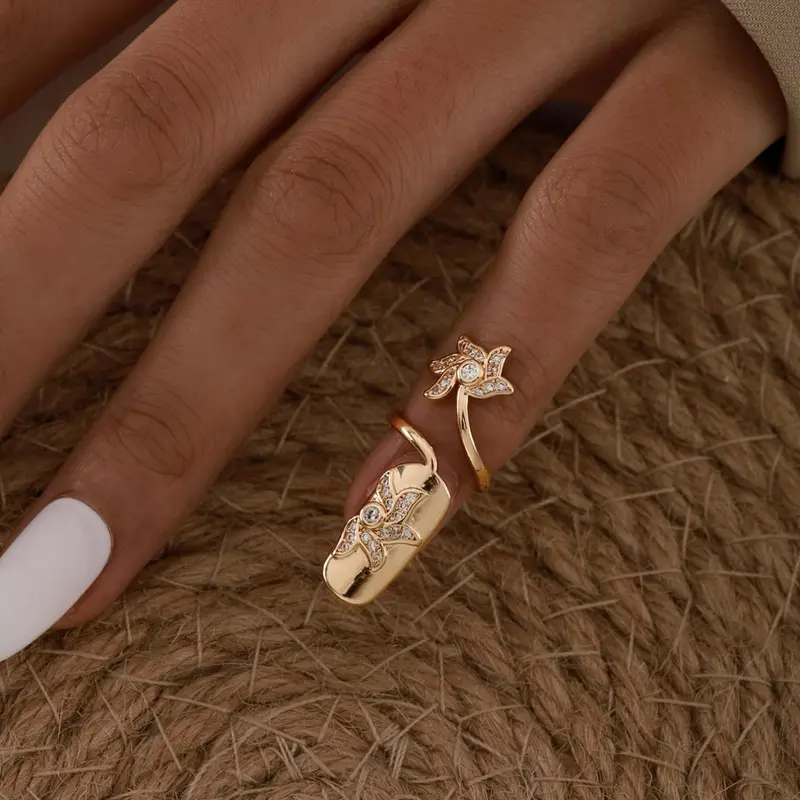 Fashion Flower Design Rhinestone Decorated Cuff Nail Ring, Beautiful Rings, Elegant Alloy Jewelry for Women & Girls, Style for Party, Daily Clothing Decor, Trendy All-match & Exquisite Jewelry for Birthday Gift