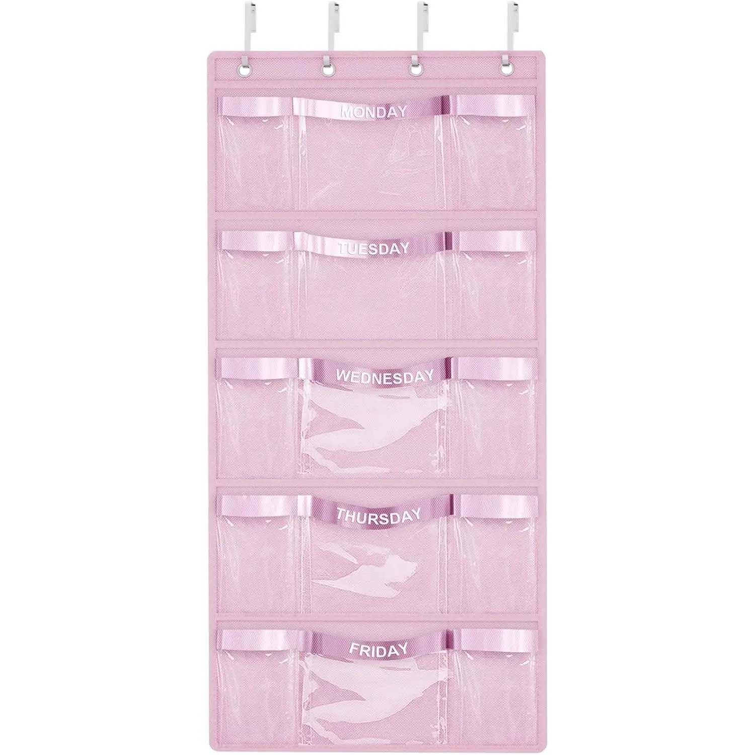 Weekly Hanging Closet Organizer for ,Day of Week  Clothes Organizer,School Clothing Storage Monday to Friday Hanging Closet Organizer Shelves for Bedroom,Bathroom,Dorm (Pink)