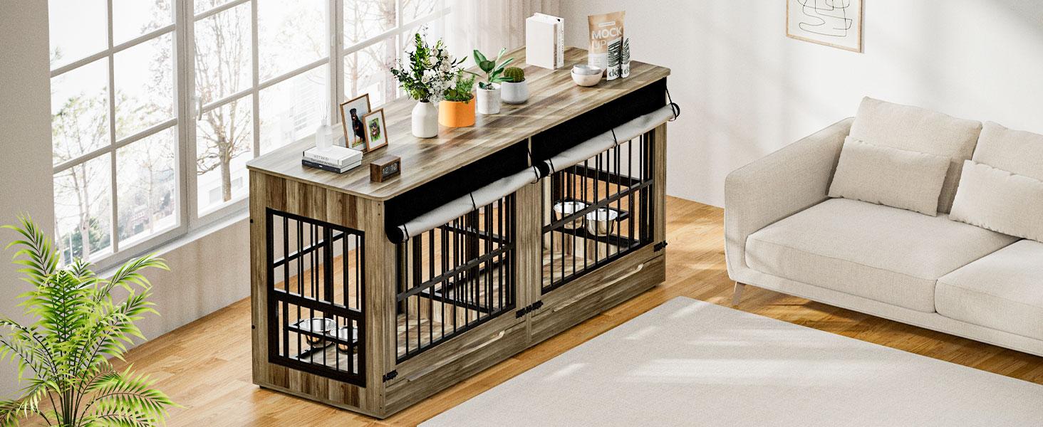 [2 Carton]78" Heavy Duty Indestructible Extra Large Dog Crate with Divider – Double Door Indoor Wooden Kennel, Removable Divider & 360° Swivel Bowls, Reinforced Steel Bars for Extra Large Dogs or Two Medium-Large Dogs