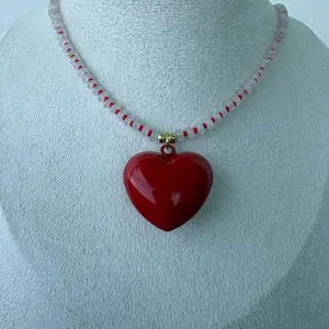 Red Heart Beaded Necklace | White & Red Beads Necklace | Cute Statement Necklace