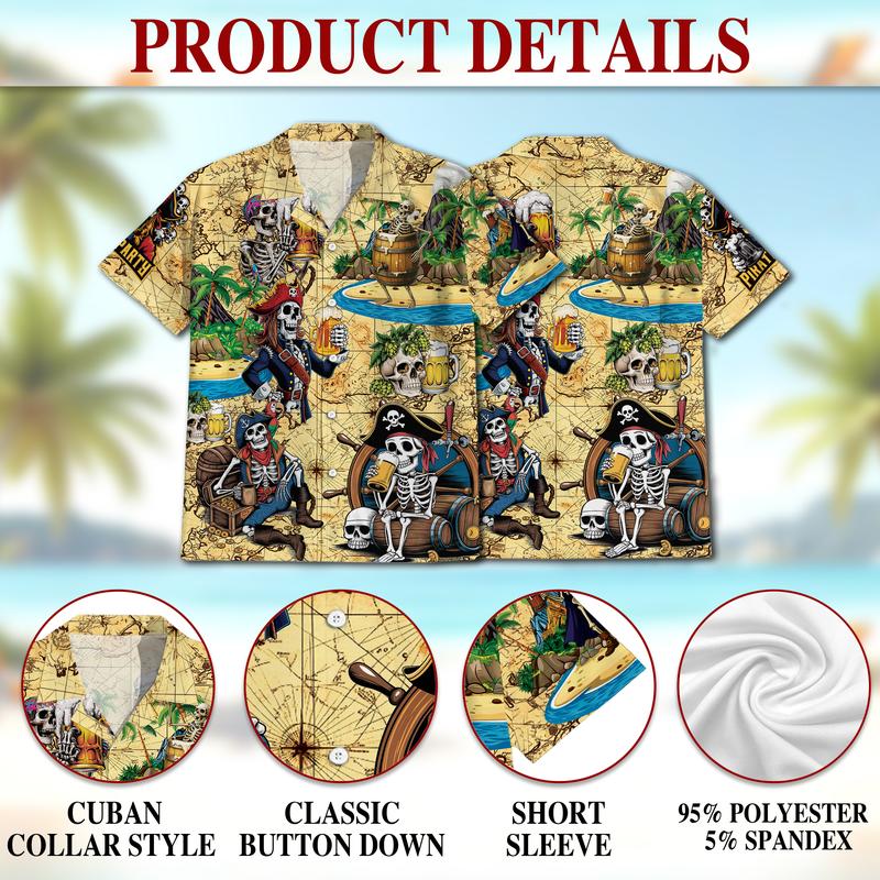 Aloha Skull Pirates Drinking Beer Hawaiian Shirt for Men, Button Down Summer Beach Short Sleeve, Hawaiian Shirt Casual Tropical