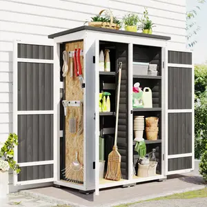 [SOIYELIFE]  Outdoor 5.5ft Hx4.1ft L Wood Storage Shed, Garden Tool Cabinet with Waterproof Asphalt Roof, Four Lockable Doors, Multiple-tier Shelves, White and Gray Cool furniture