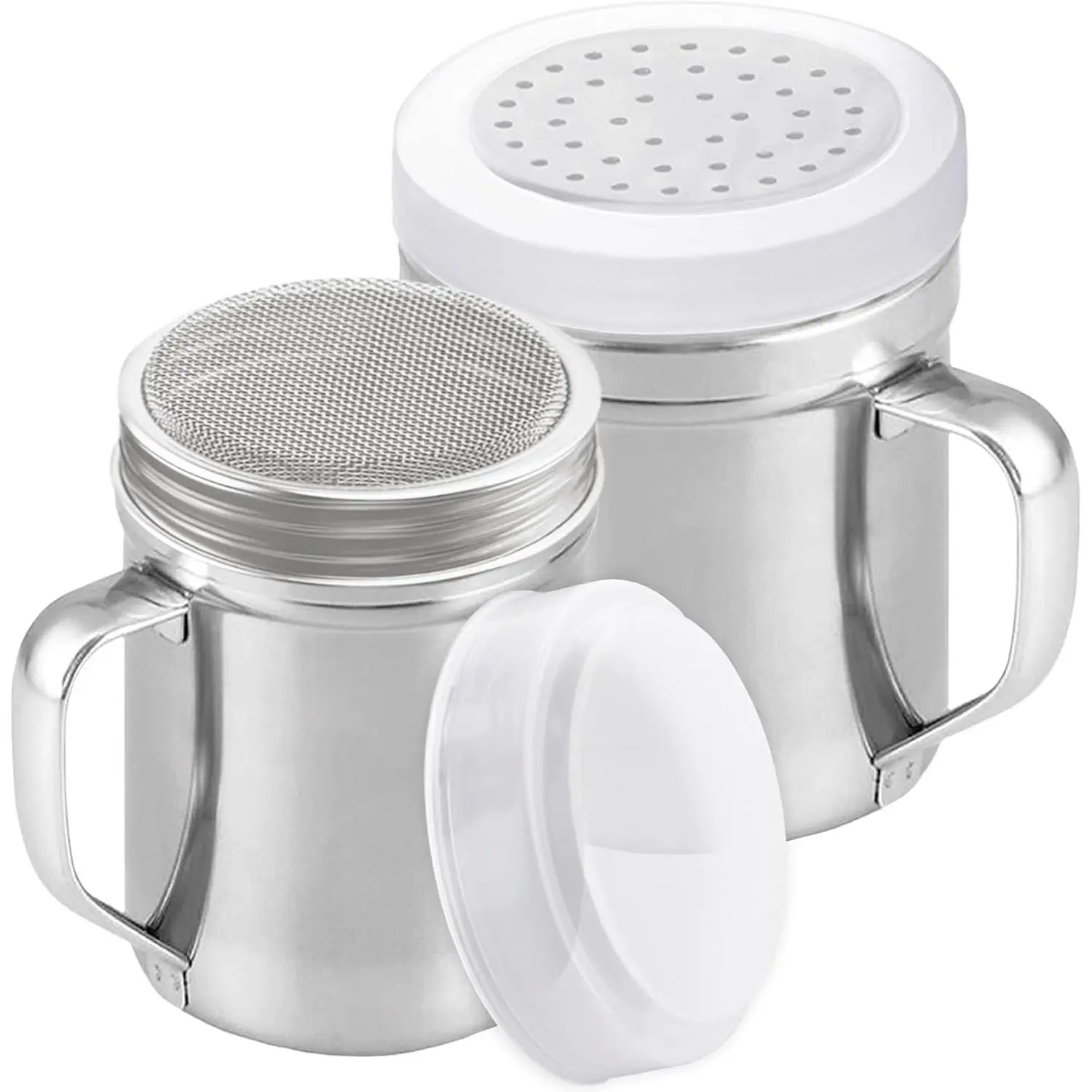 6oz Fine Mesh + 10oz Medium Holes Dredges - With Lids - With Handles - Flour Shaker Duster Set - Confection Sugar Shakers