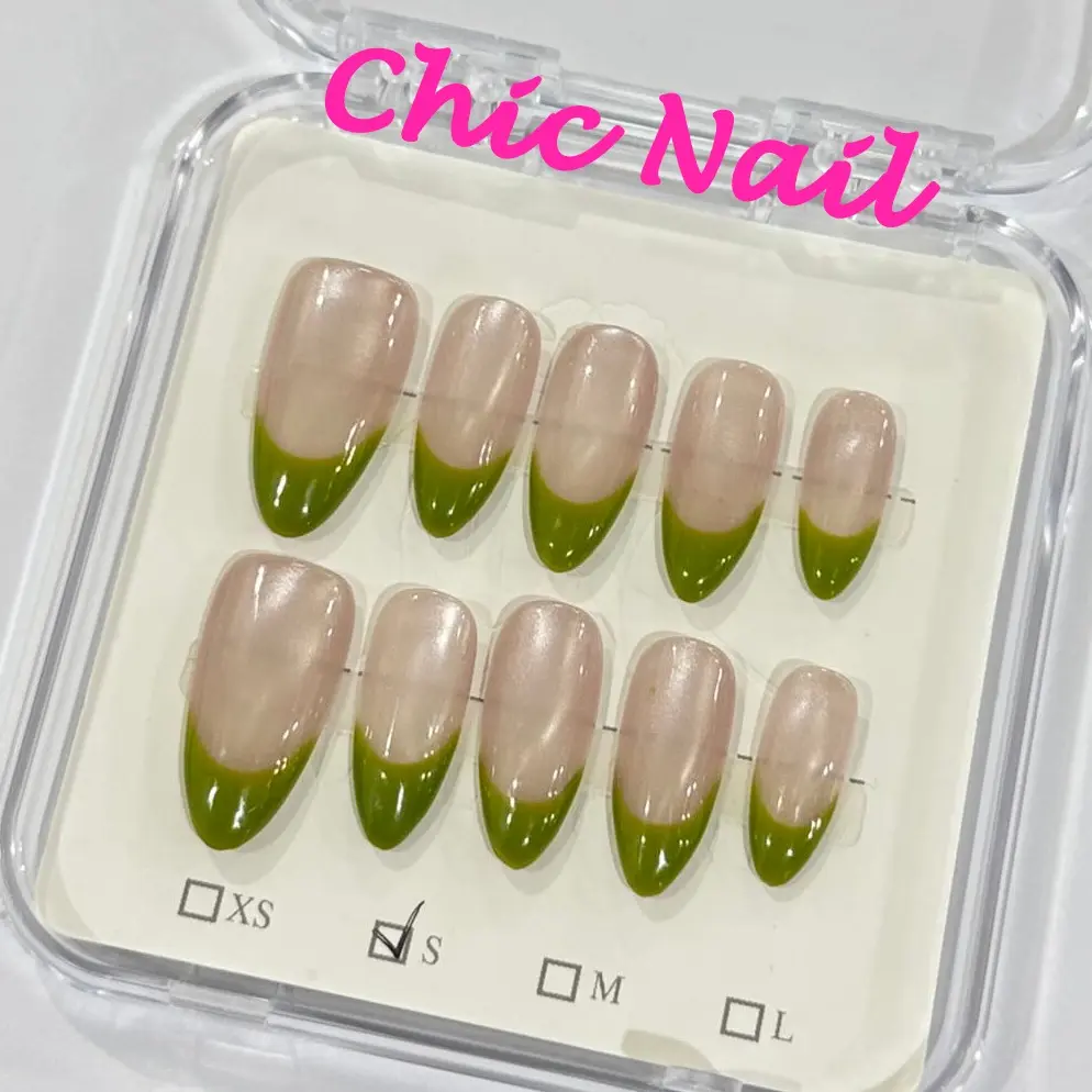 Spring-Summer Exclusive Mint Green French Cat Eye Press-on Nails - Babydoll UV Glow, Adhesive Tabs, Glitter Tip Nail Art Decor for Fresh Cool Fingertip Style