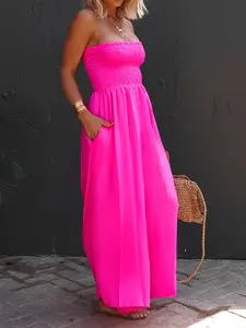 Hot Pink Wide-Leg Strapless Jumpsuit