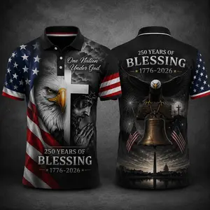 American Patriotic Christian Polo Shirt, 250 Years of Blessing 1776-2026 Eagle Cross Graphic Tee, USA Flag Independence Day Apparel Gift for Men