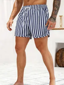 1-Piece Men's Classic Navy Blue and White Striped Swim Trunks with Adjustable Drawstring Waistband, Fitted Style, featuring a nautical summer design, quick-drying lightweight fabric, perfect for beach vacations, pool activities