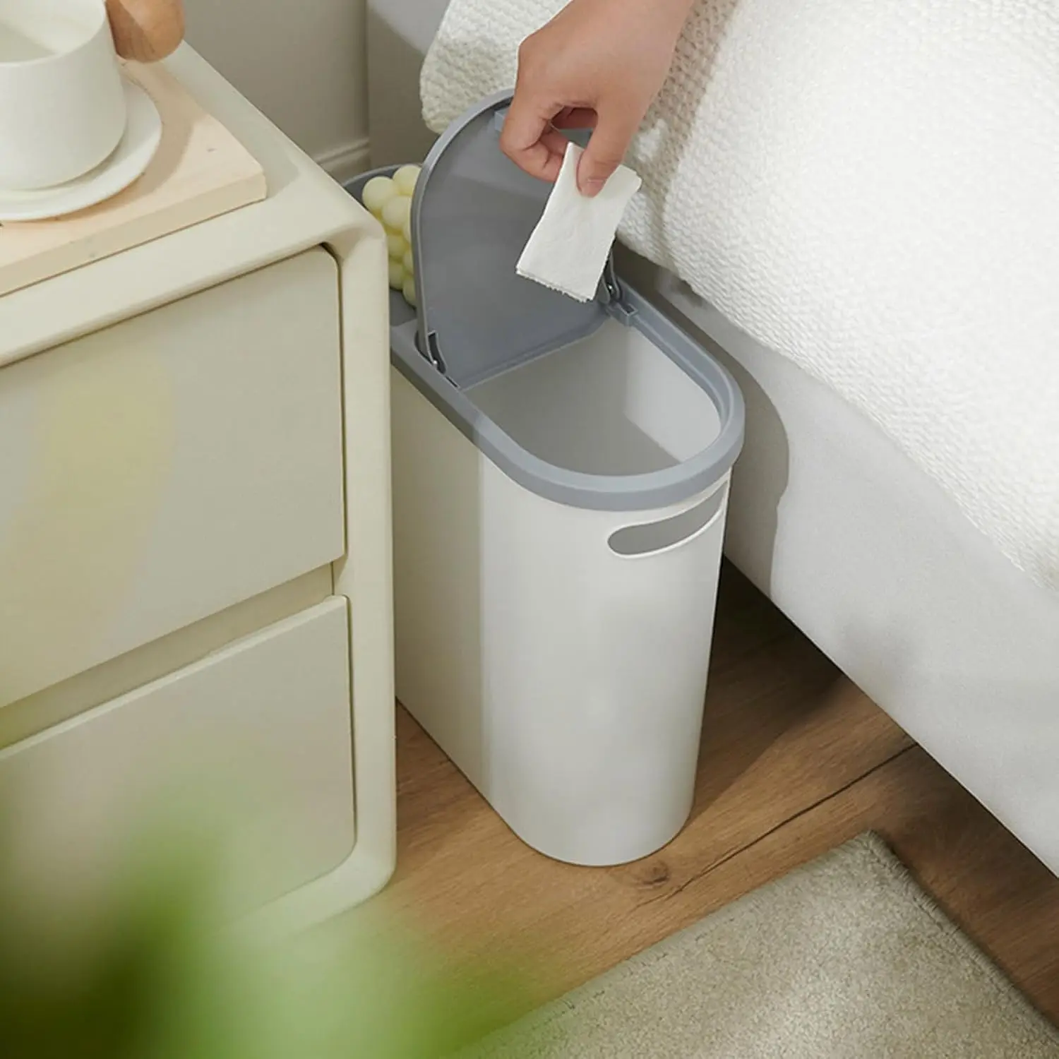 Bathroom Small Trash Can with Lid, 2.1 Gallon Slim Garbage Can Bathroom with Press Top Lid, White Rectangular Trash Bin Waste Basket for Toilet, Bedroom, RV, Camper