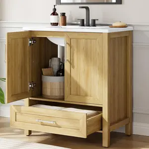 Bathroom Vanity with Sink, Farmhouse Freestanding Bathroom Cabinet with Doors & Drawers, Wooden Storage Vanity for Small Bathroom Apartment