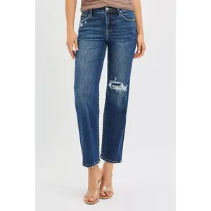 RISEN High Rise Crop Slim Straight Jenas with Hidden Knee Patch