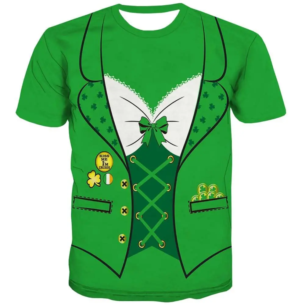 Women's Short-Sleeve Digital Print Shamrock Clover Irish Costume T-Shirt - Green, Unisex Style, Breathable Fabric, "Kiss Me I’m Irish" Badge Detail, Gold Coins, Corset Lacing, Relaxed Cut Streetwear Casual Top for Festival, Party Wear, Irish Theme