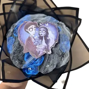 Blue and Black Eternal Rose Bouquet with Heart-Shaped Artwork and Spider Accents for Gothic Decor