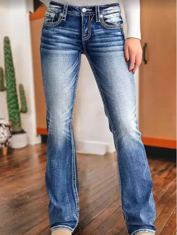 Women's Mid Rise Flare Denim Jeans, Stretch Washed Bootcut Pants, Classic Fitted Hip & Thigh Flared Jeans for Streetwear
