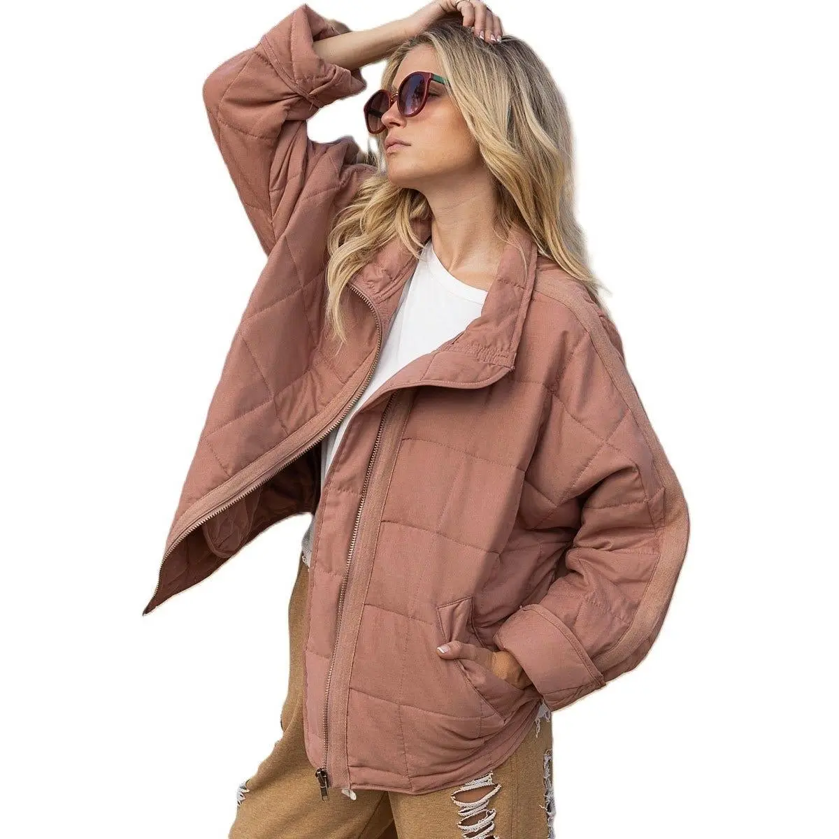 Mauve & Navy POL Quilted Bomber zip up Jacket with pockets