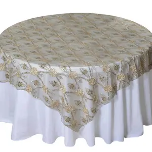 Lace 72"x72" Table Overlay Square Tablecloth Champagne - Satin Sequin Floral Embroidered Design for Special Events