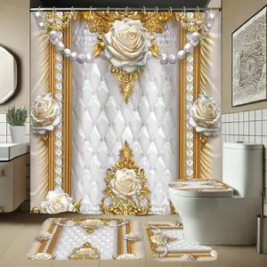 Elegant Bathroom Set with Decorative Patterns, Includes Soft Shower Curtain, Mat, and Toilet Seat Cover, 1/4 Piece Bath Ensemble