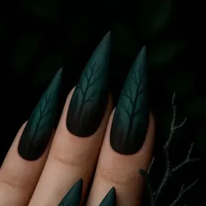 Dark Forest Press On Nails, Gothic Stiletto Fake Nails, Spooky Tree Nail Art, Handmade Halloween Nails, Witchy Nature Nails