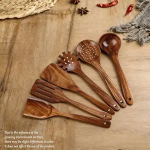6pcs Wooden Kitchen Utensil Set, Non-Stick Handmade, Includes Spatula, Spoon, Strainer, Soup Ladle, Easy Clean, High Quality, Perfect for Cooking