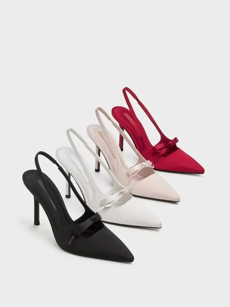 Elegant Bow Accent Slingback Pointed Toe Thin Heels Women Daily Evening Pumps