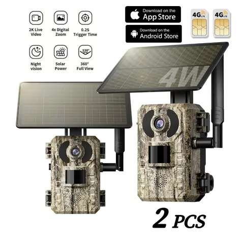 4G LTE Solar Trail Camera with Solar Panel, 2.7K Live View, 0.2s Trigger Speed, Night Vision, Motion Activated, Built-in Battery, 128G Flexible Storage, HD Pictures and Videos, Extensive Detection Coverage for Cabin, Farm Security