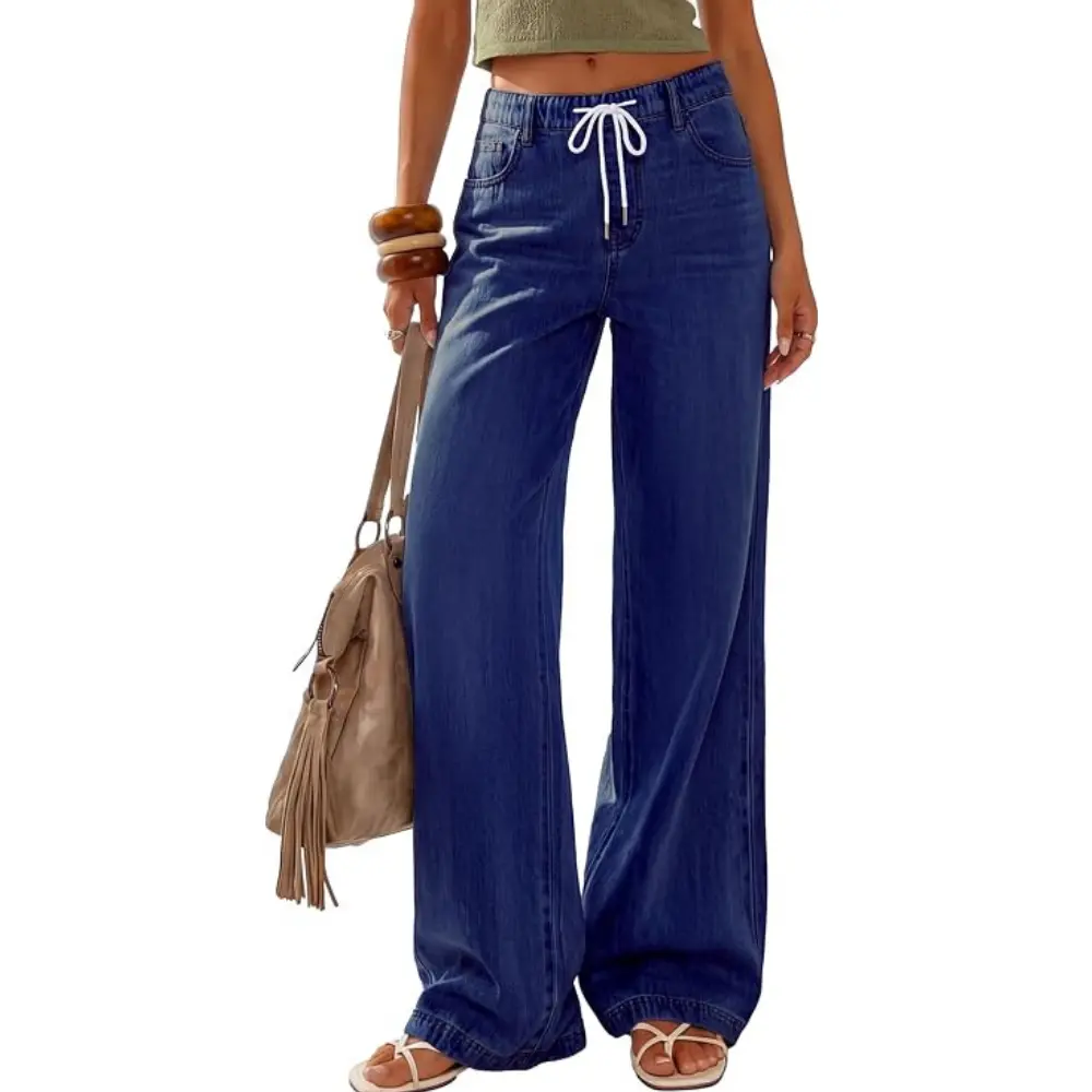 PRETTYGARDEN Womens Wide Leg Jeans High Waisted Stretchy Baggy Straight Leg Drawstring Trendy Denim Pants Summer
