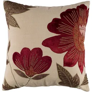 18"x18" Square Throw Pillow Cover Beige/Red - Rizzy Home: Hidden Zipper, Cotton & Velvet, Floral Botanical Pattern, Traditional Style
