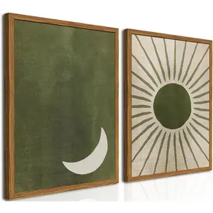 Framed Boho Sun and Moon Canvas Wall Art Set of 2, Vintage Sage Green Bohemian Pictures Wall Decor, Mid Century Modern Abstract Minimalist Paintings Prints for Living Room Bedroom Office 12x16 inch