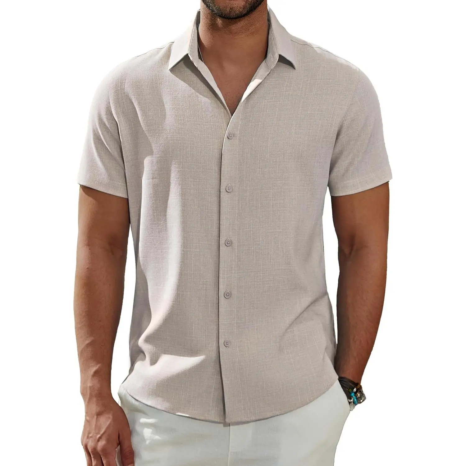 Men's Linen Shirts Short Sleeve Button Down Shirts Casual Summer Beach Wedding Shirts.