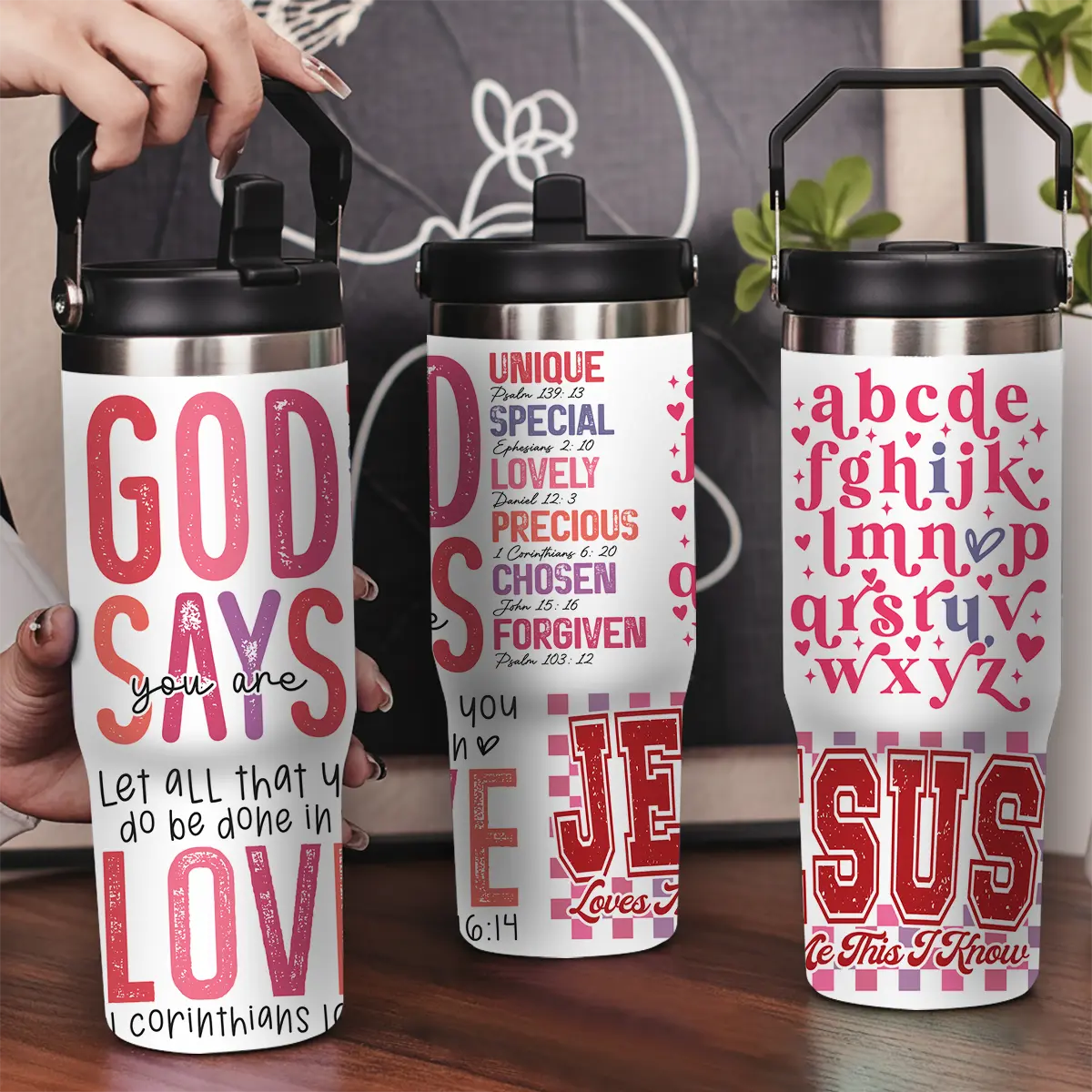 30oz Stainless Steel Insulated Water Bottle & Drink Tumbler with Leak-Proof Lid, Portable Handle, GOD SAYS LOVE Pattern, Long-Lasting Hot/Cold Insulation - Personalized Valentine's Day Gift for Her/His, Water Bottles