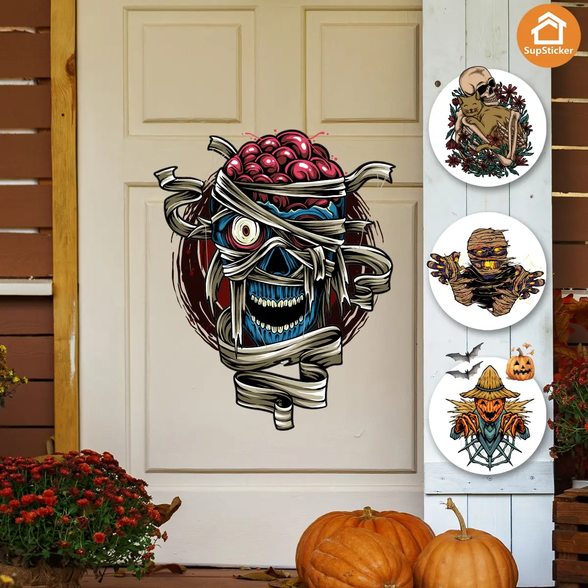 Horror Style Stickers Silver Skull Mummy Scarecrow Designs Self-Adhesive Door Decor Halloween Party Supplies Wall Decoration