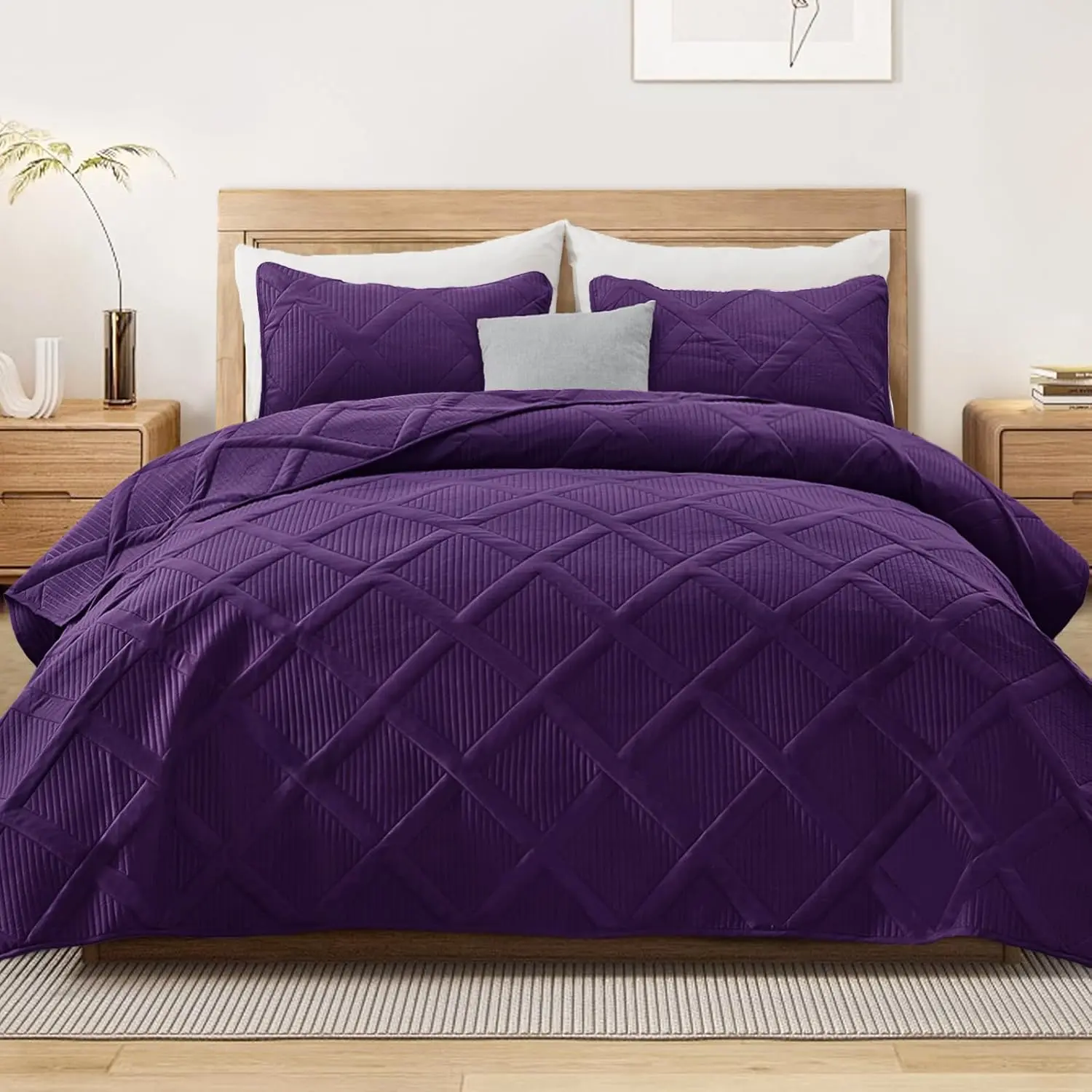 Full-Queen Size Soft Microfibre-Polyester Classic Basketweave Striped Quilt Set - 3 Lightweight Deep Purple, Blush Pink, Hot Pink, Lilac, Light Green Machine-Washable Bedding Coverlets for Contemporary Home Decor, Multi-Season Use