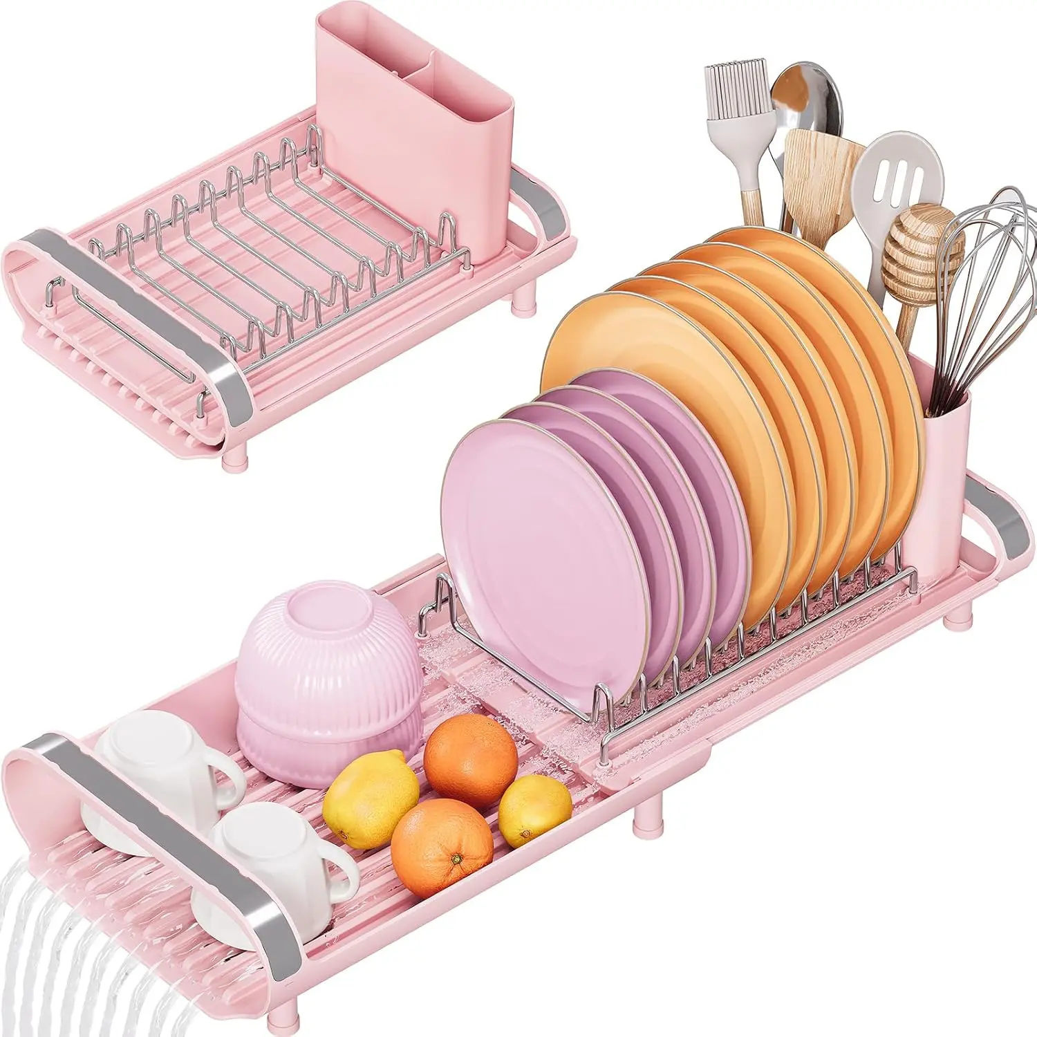 Small Dish Drying Rack, Mini Expandable Compact Dish Rack, Slim Extendable Stainless Steel Dish Drainer for Kitchen Plate Storage, Space Saving Dish Strainer in Sink or on Home Countertop, Pink