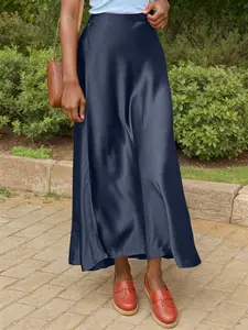 Women's Solid High Waist Satin Flared Skirt, Elegant Fashion Long Skirt for Party Dating Wear, Ladies Bottoms for All Seasons